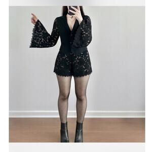 Whimsigoth Black Lace Velvet Bell Sleeve Romper Career Goth Office Siren